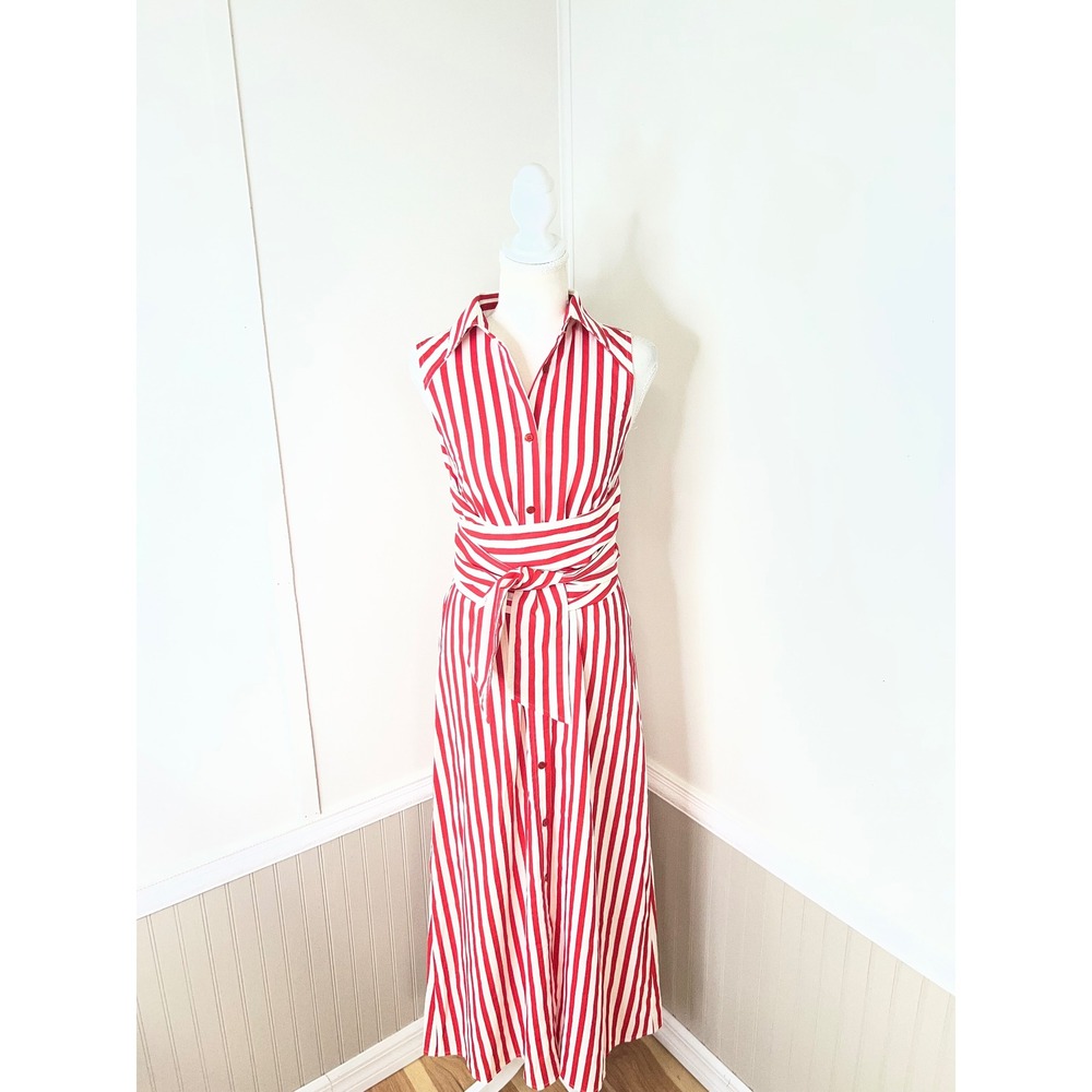 Commence Red and White Striped Sleeveless Maxi Shirt Dress with Waist Tie WrapXS
